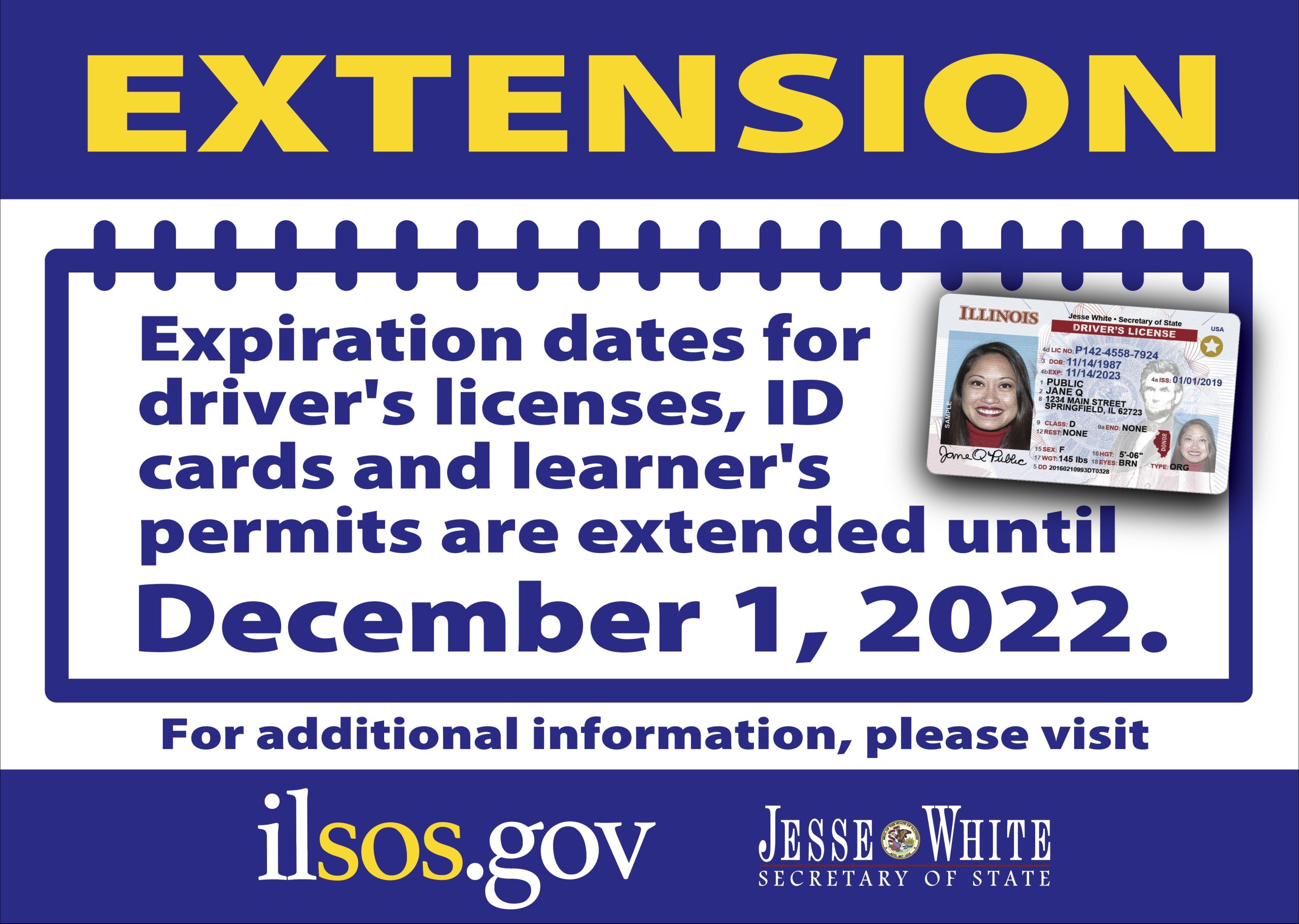 Jesse White Extending Drivers License and ID Card Expiration Dates until December 1, 2022